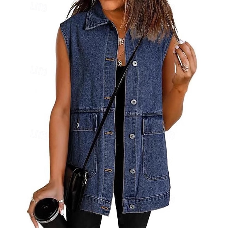 Women's Vest Comfortable Pocket Buttons Casual Plain Street Weekend Single Breasted Regular Turndown Regular Fit Sleeveless Outerwear Light Blue Black Grey White Fall
