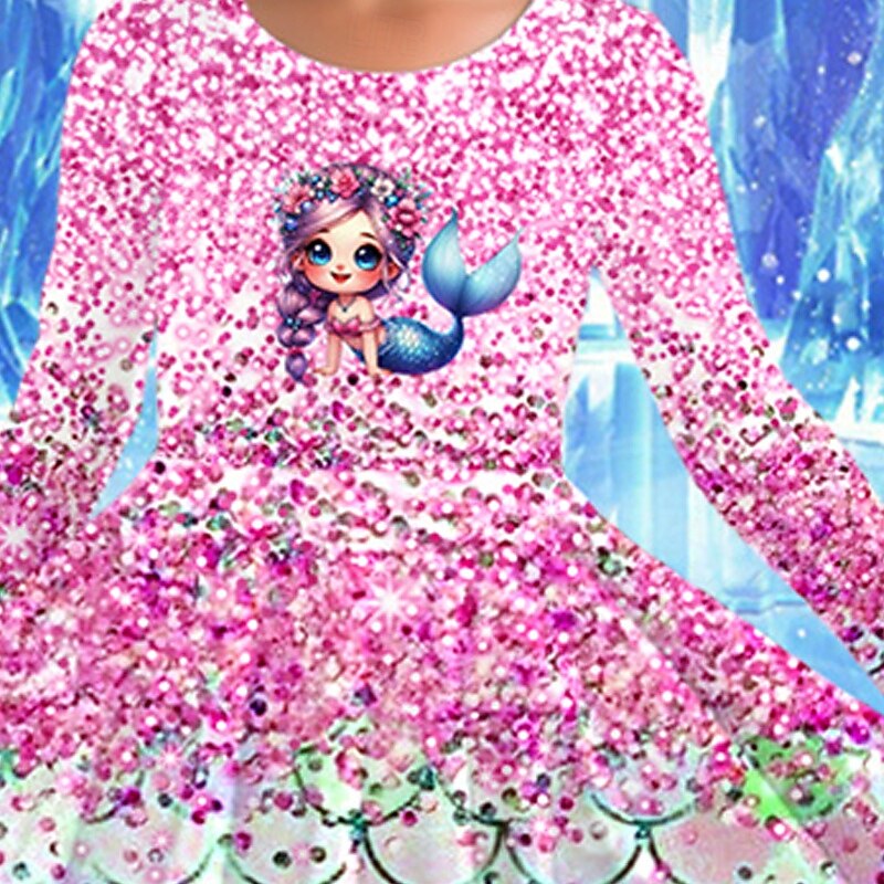 Girls' 3D Cartoon Mermaid Dress Long Sleeve Summer Spring Vacation Daily Holiday Princess Beautiful Sweet Kids 4-12 Years Casual Dress A Line Dress Knee-length Regular Fit3