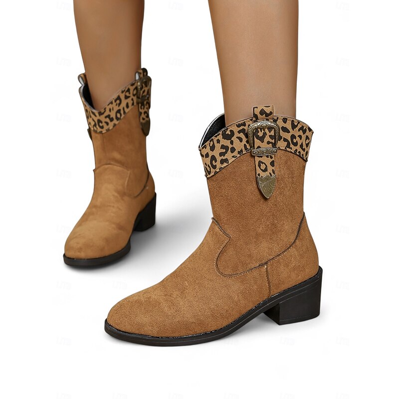 Women's Suede Ankle Cowboy Boots with Leopard Print Buckle Detail and Low Block Heels,Trendy Urban Fashion Footwear4