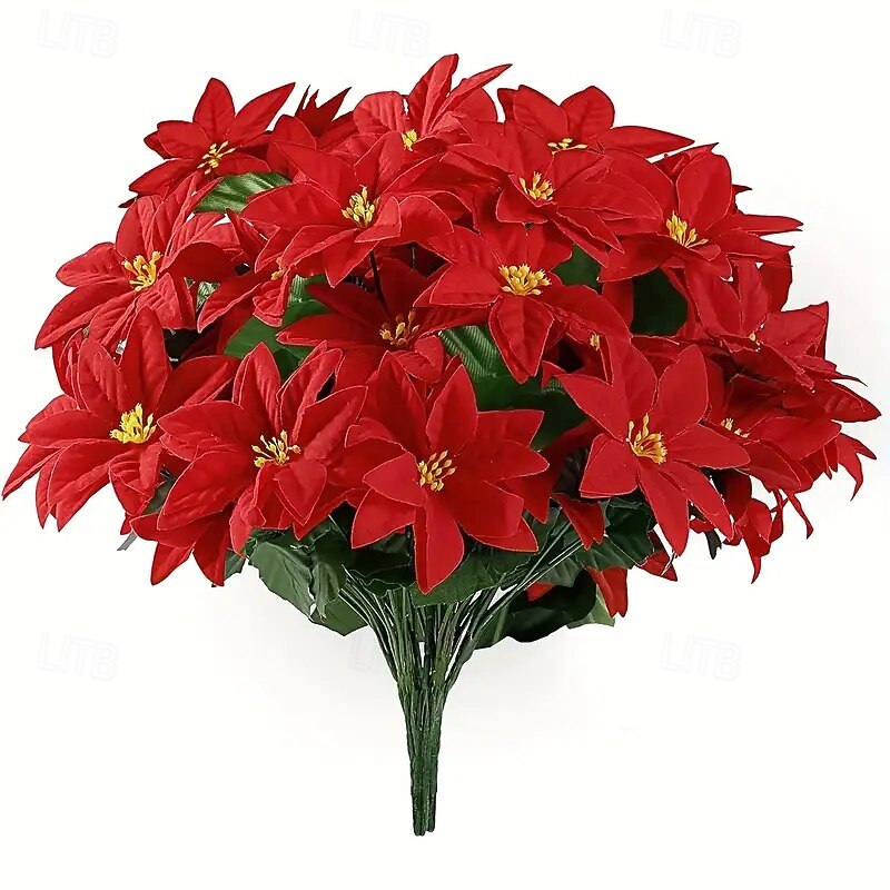2 Bundles Christmas Poinsettia 7-Head Red Artificial Poinsettia Flowers with Plastic Green Leaves for Home Decor, Dining Table, Wedding, Christmas Tree, and Year-Round Display