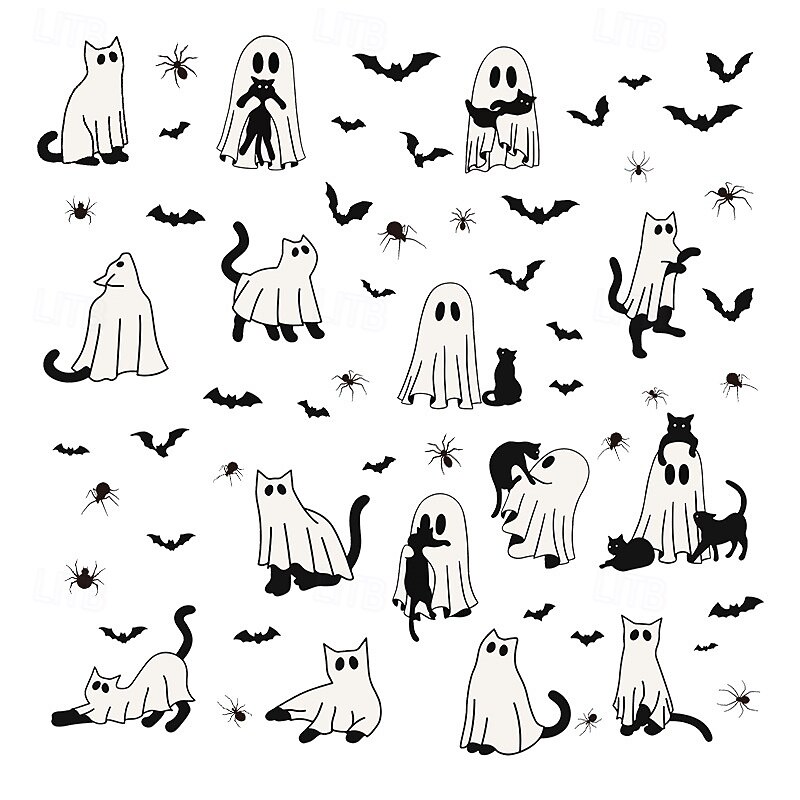 6 Sheet Halloween Ghost Window Clings, Cute White Ghosts, Black Cats, Bats, Spiders Static Glass Stickers, Removable Holiday Party Window Decorations2