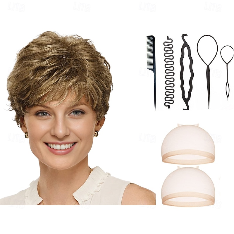 Short Lightweight Style with Chic Cropped Layers/Multi-tonal Shades of Blonde Silver Brown and Red With 2PCS HD Wig Cap and Hairdressing Tool Set2