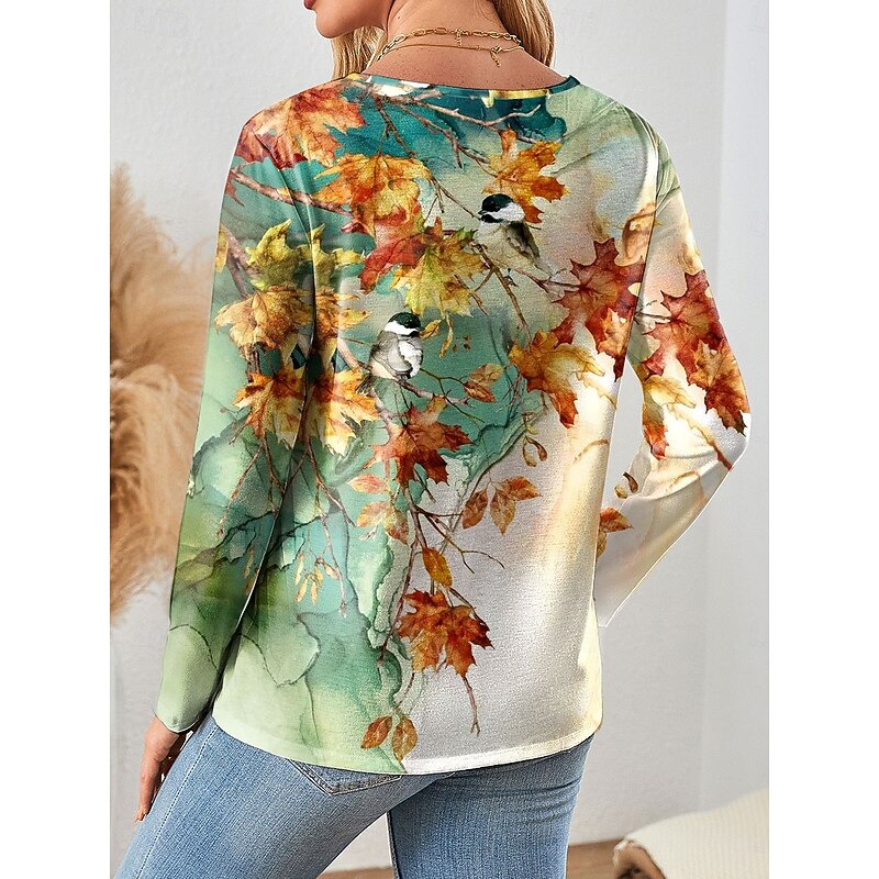 Women's T Shirt Graphic Bird Plants Vintage Stylish Classic Long Sleeve Crew Neck Regular Tops Daily Print Yellow Pink Blue Spring Fall Winter2