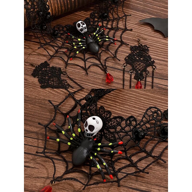 Women's Halloween Spider and Skull Necklace and Earring Set – Black Lace Web Design with Red Gem, Perfect for Halloween Parties and Costumes4