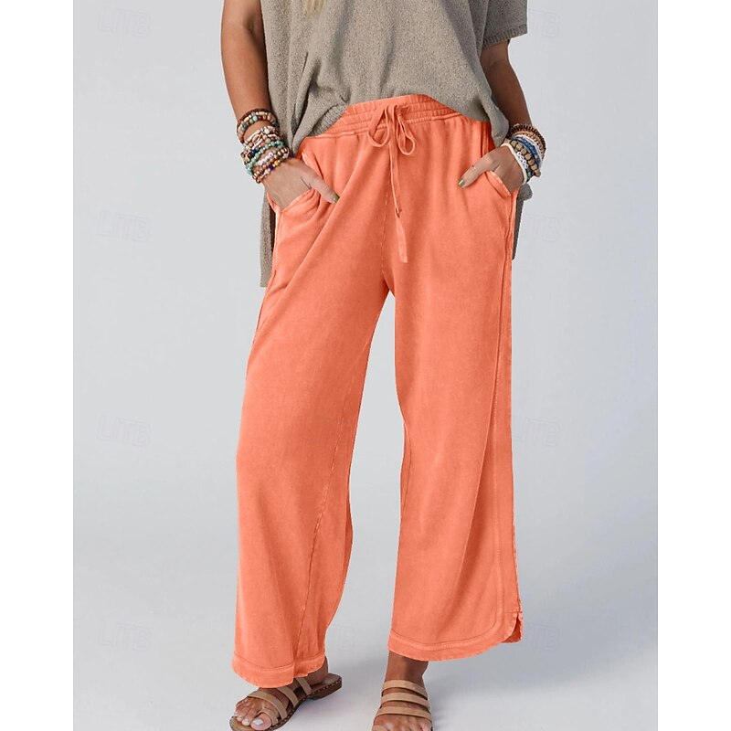 Women's Wide Leg Slacks Streetwear Casual Full Length Natural Plain Pocket Elastic Drawstring Design Comfortable Street Holiday Weekend dark brown Dark-Gray Orange red Black Fall Regular Fit2