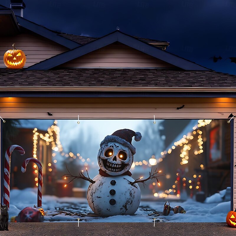 Halloween Tapestry Garage Door Cover Large Hanging Backdrop Zombies Snowman Dark Punk Gothic Style Party Outdoor Shooting Backgrounds Yard Haunted House Home Decor3