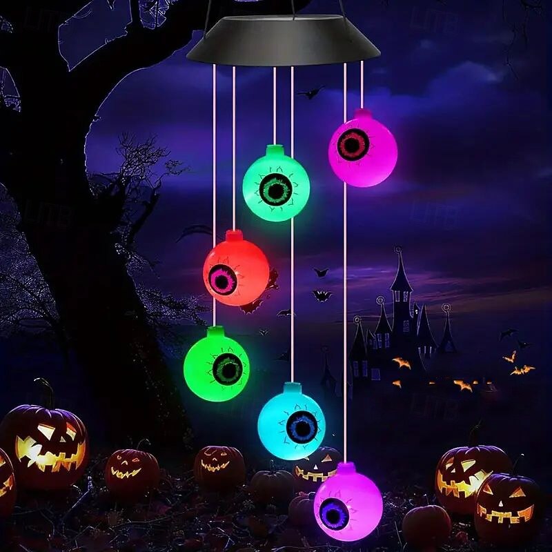 Solar Halloween Eyeball Wind Chime Light Waterproof Outdoor Indoor Hanging Decoration for Yard Porch Patio Window Evil Spirit Party Decoration
