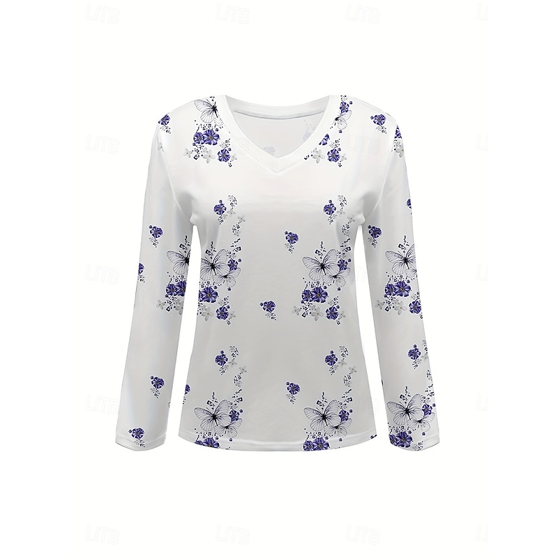 Easter Women's T Shirt Floral Graphic Plants Vintage Stylish Classic Long Sleeve V Neck Regular Tops Daily Print Purple Spring Fall Winter2