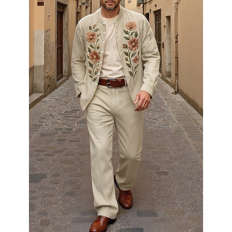 Men's Lightweight Jacket Casual Jacket Set Vacation Daily Breathable Embroidery 2 Piece Spring Fall Floral Fashion Classic Stand Collar Regular Yellow Blue Jacket3