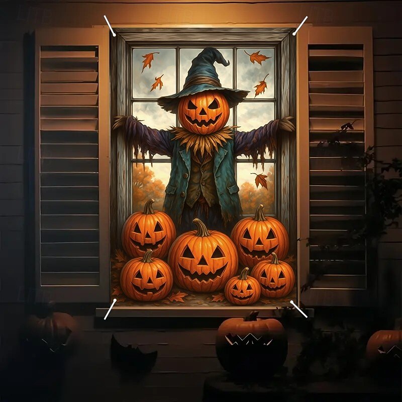 Halloween Window Cover Decorations, Fabric Cute Ghost Candle Halloween Curtain Horror Movie Poster Window Door Covering Decor for Haunted House, Scary Halloween Window Clings Decals Indoor Outdoor3