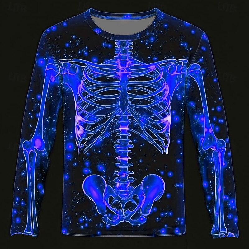 Halloween Day of the Dead Skull Men's 3D Skeleton T Shirt Long Sleeve T shirt 3D Print Crew Neck Shirt Fashion Exaggerated Street Daily Blue Purple Orange Summer Spring Fall Clothing Apparel3