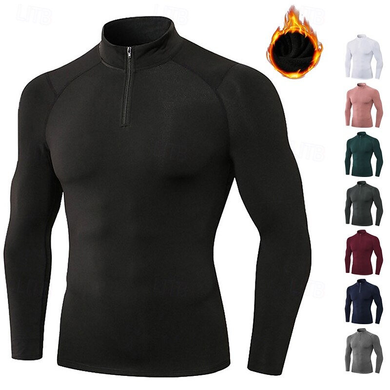 Men's Compression Shirt Fleece Base Layer Workout Tops Quarter Zipper Long Sleeve Top Athleisure Solid Colored Quick Dry Warm Gym Basketball Athletic Sportswear Activewear Wine Red Black White