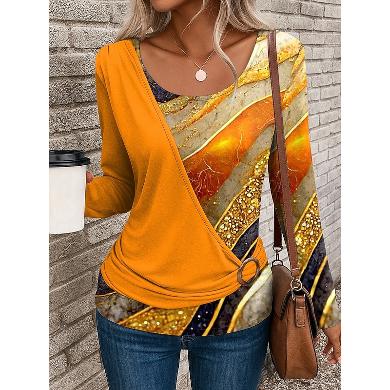 Women's T Shirt Graphic Geometric Stylish Casual Long Sleeve Crew Neck Regular Tops Daily Patchwork Print Yellow Red Blue Purple Green Summer Fall Winter