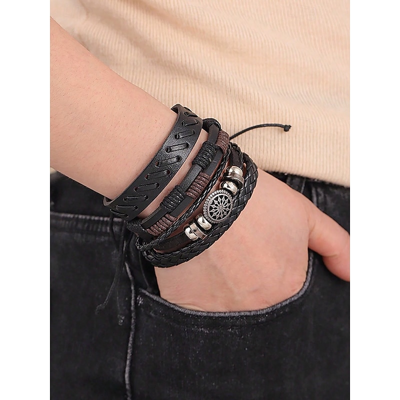 Men's Viking Style Multi-Layer Leather Bracelet Set - Vintage Braided Cuff with Gold Charms, Perfect for Casual Wear, Gifts and Street Style Accessories3