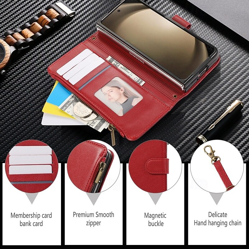 Phone Case For Samsung Galaxy Z Fold 7 Z Fold 6 Z Fold 5 Z Fold 4 Back Cover Zipper with Lanyard Kickstand Retro TPU PU Leather4