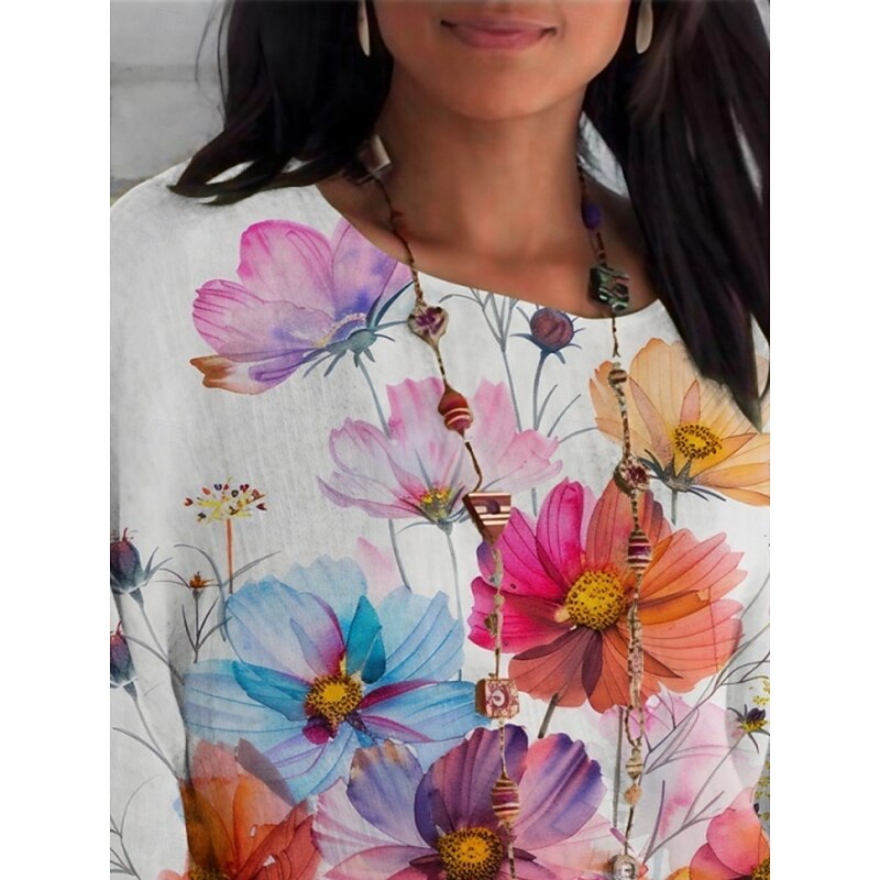 Women's Shirt Floral Daily Casual 3/4 Length Sleeve Crew Neck Regular Tops Daily Holiday Print White Summer Spring Fall3