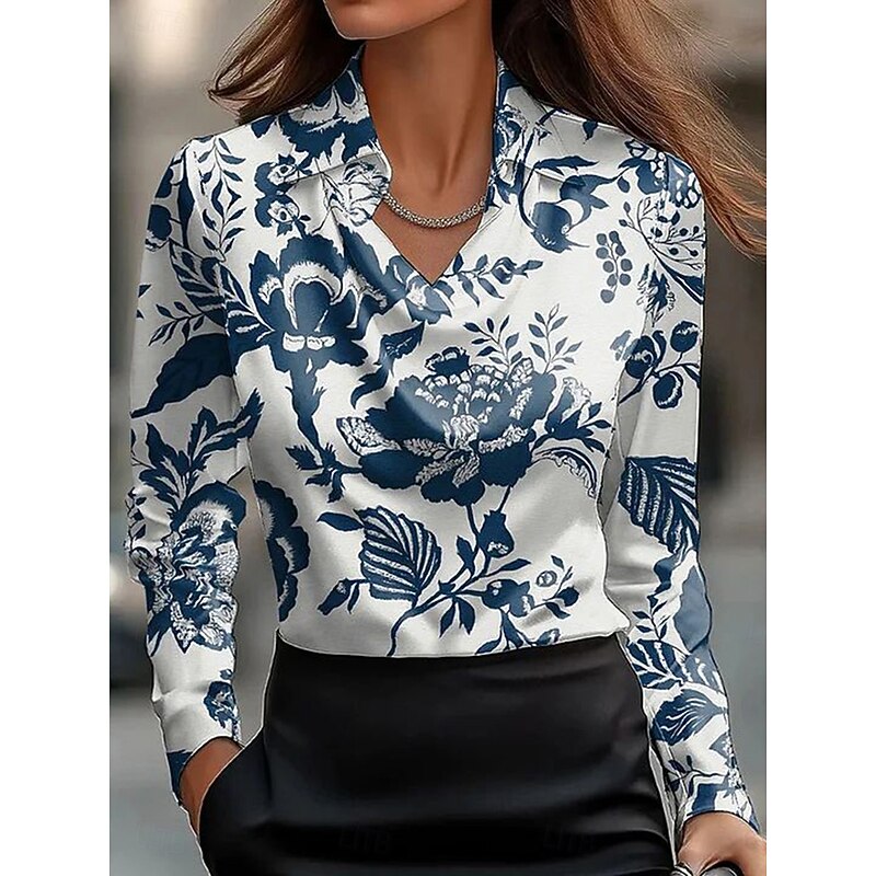 Women's Shirt Floral Graphic Elegant Stylish Casual Long Sleeve Cowl Neck Regular Tops Work Party Evening Wear Daily Ruched Draped Pink Navy Blue Blue Green Summer Fall4