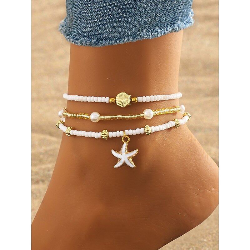 Women's 3-Piece Beaded Anklet Set – Gold Alloy and White Beads with Starfish and Shell Charms, Bohemian Beach Jewelry for Summer Vacations and Casual Outfits2