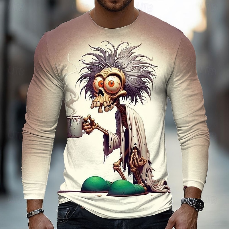 Men's 3D Zombies T Shirt Long Sleeve T shirt 3D Print Crew Neck Shirt Fashion Basic Street Casual Daily Khaki Dark Gray Summer Spring Clothing Apparel S M L XL XXL XXXL