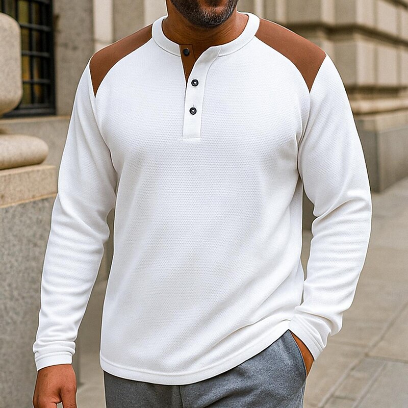 Men's Waffle Henley Shirt Tee Top Long Sleeve Henley Fall Spring &  Fall Color Block Fashion Designer Basic Color Block Vacation Street Casual Black White Red Top Tee for Men2