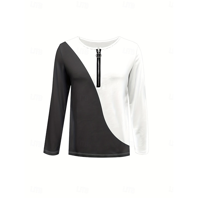 Women's T Shirt Graphic Geometric Color Block Elegant Vintage Stylish Long Sleeve Round Neck Notched Neck Regular Tops Daily Weekend Zipper Print Dark Gray Spring Fall Winter2