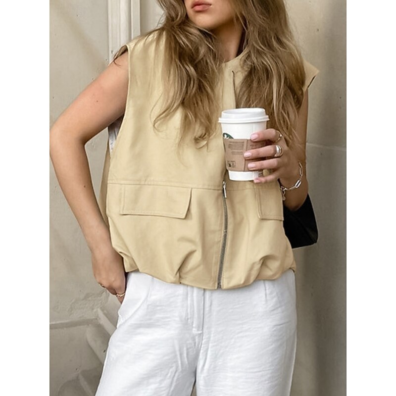 Women's Vest Comfortable Breathable Zipper Pocket Casual Plain Vacation Street Casual Daily Wear Zipper Short V Neck Regular Fit Sleeveless Outerwear Khaki Summer Spring3