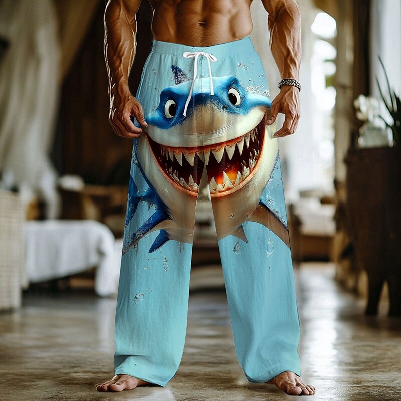 Men's Animal Shark Sea Creatures Trousers Baggy Pants Casual Pants Mid Waist Funny Outdoor Vacation Elastic Drawstring Waist Linen-Like Pants with Pockets Spring Fall 3D Print Light Blue Blue 1 Blue