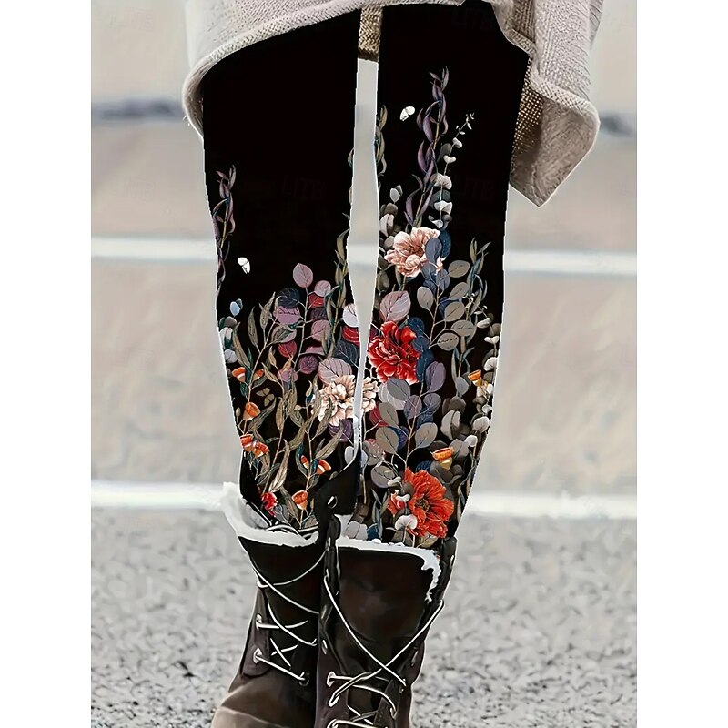 Women's Leggings Vacation Vintage Fashion Full Length High Waist Floral Graphic Printing Thermal Warm Soft Breathable Stretchy Formal Outdoor Vacation Light Brown Red Green Spring Fall Skinny4