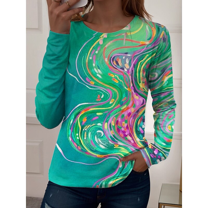 Women's T Shirt Graphic Geometric Vintage Stylish Casual Long Sleeve Crew Neck Regular Tops Daily Print Red Blue Purple Green Summer Spring Fall3