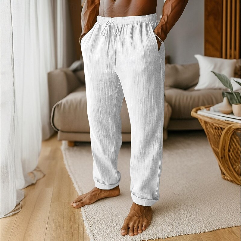 Men's Linen Pants Trousers Baggy Pants Beach Pants Drawstring Pocket Plain Comfort Breathable Full Length Daily Vacation Stylish Black White Inelastic2