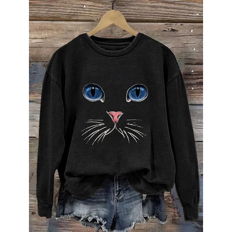 Women's Pullover Graphic Animal Casual Long Sleeve Crew Neck Round Neck Regular Tops Street Dailywear Print Black White Blue Gray Fall Winter2