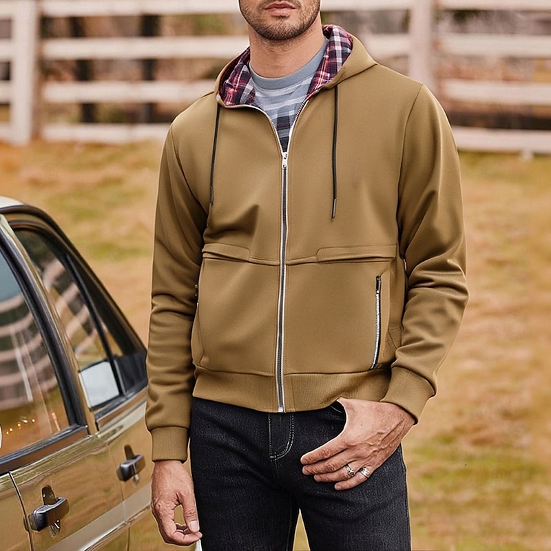 Men's Hoodie Full Zip Hoodie Black Wine Brown Light Grey Hooded Plaid Zip Up Pocket Sports & Outdoor Daily Holiday Polyester Streetwear Basic Casual Spring Fall Clothing Apparel Hoodies Sweatshirts