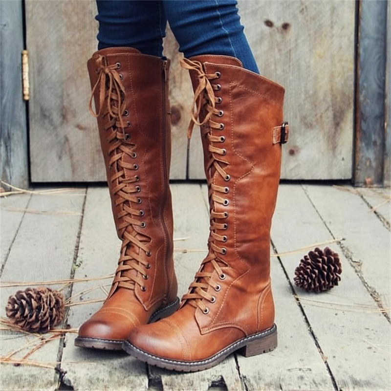 Women's Vintage Brown Faux Leather Riding Boots with Lace-Up and Buckle Detail - Knee-High Equestrian Style for Casual and Outdoor Wear4