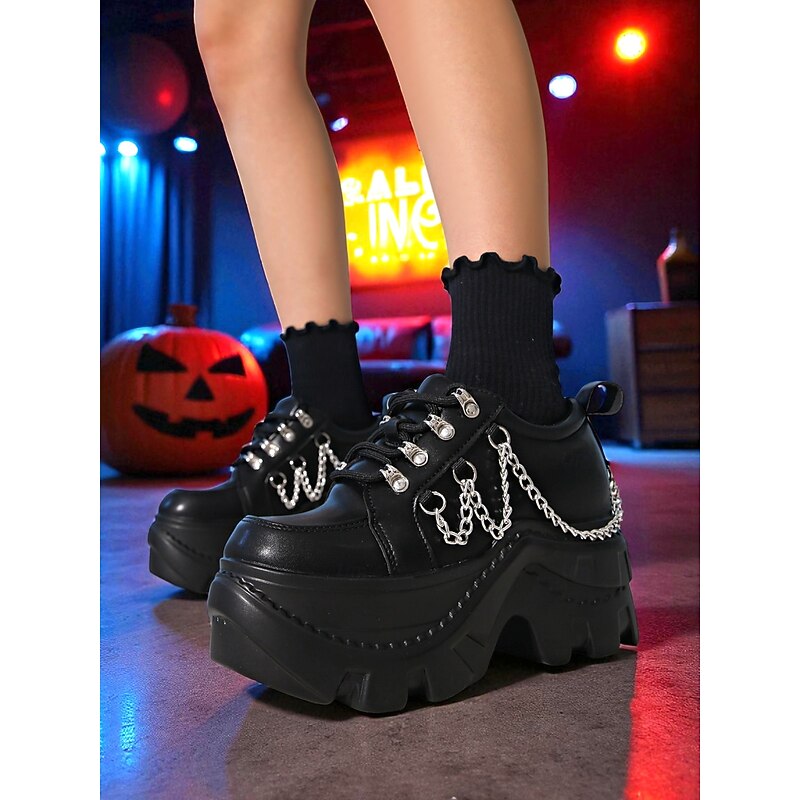 Women's Gothic Halloween Chunky Platform Sneakers with Metal Chains - Punk Edgy Black Lace-Up Shoes for Spooky Party, Alternative Streetwear and Nightlife Looks4