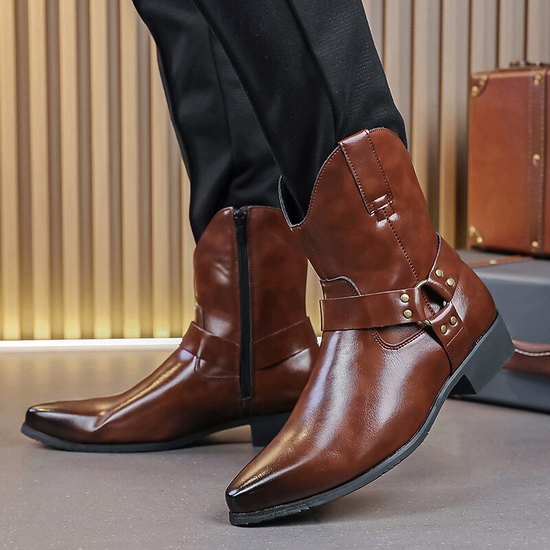 Men's Brown Leather Ankle Boots with Side Zipper and Buckle Strap, Stylish Dress Boots for Business, Evening Party and Formal Occasions3