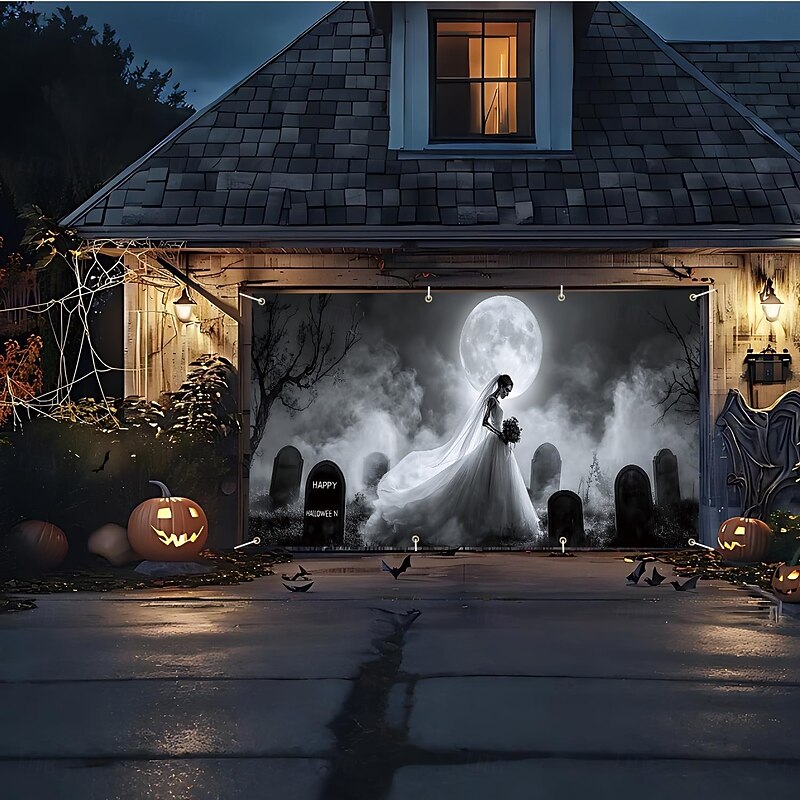 Halloween Tapestry Garage Door Cover Large Hanging Backdrop Ghost Bride Dark Punk Gothic Style Party Outdoor Shooting Backgrounds Yard Haunted House Home Decor3