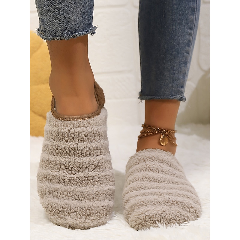 Women's Striped Fuzzy Sherpa Slippers with Anti-Slip Sole – Cozy Winter Indoor Shoes for Home, Bedroom and Relaxation3