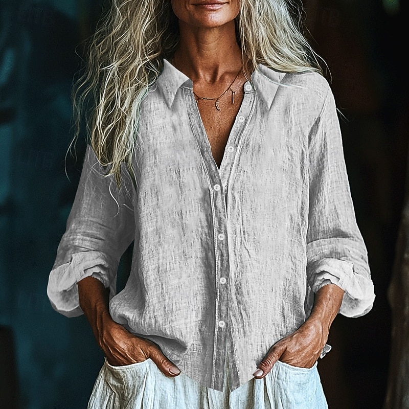 Women's Shirt Texture Blouse Linen-Inspired Shirts Blouse Plain Modern Casual Long Sleeve Shirt Collar Regular Tops Daily Holiday Going out Buttons Black White Yellow Pink Wine Fall3