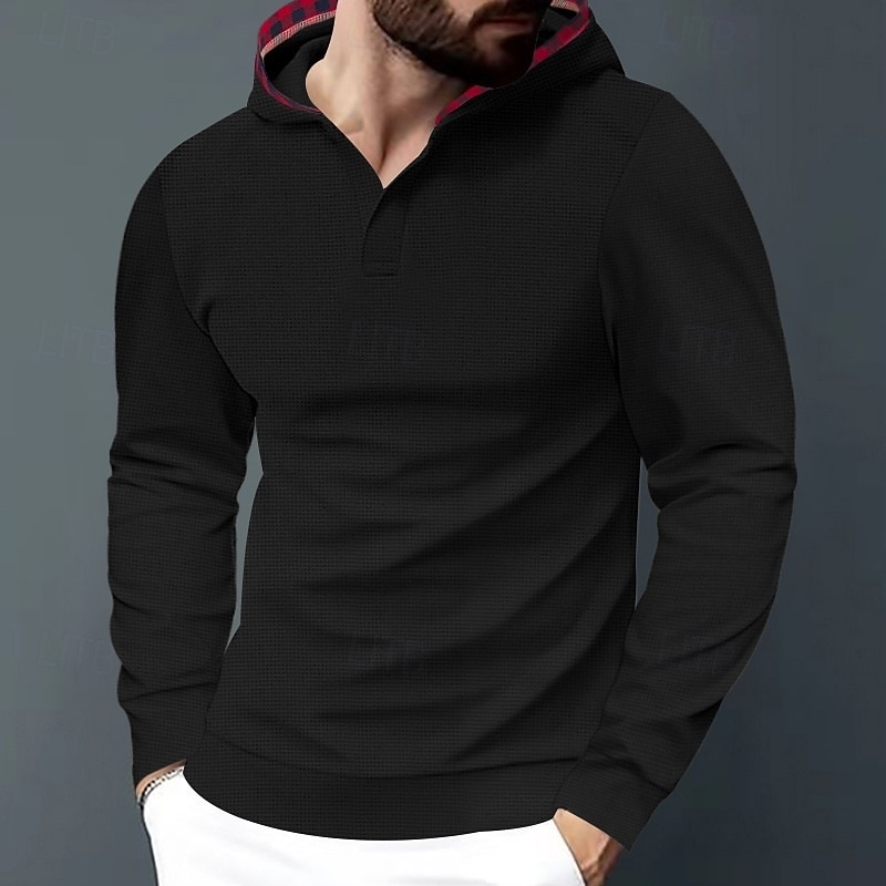 Men's Hoodie Waffle Hoodies Pullover Hoodie Sweatshirt Black White Royal Blue Khaki Gray Hooded Plain Textured Sports & Outdoor Casual Daily Streetwear Cool Sportswear Spring &  Fall Clothing Apparel3
