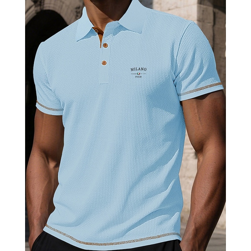 Men's Golf Shirt Golf Polos Shirts Work Casual Lapel Short Sleeve Basic Modern Letter Jacquard Buttons Summer Spring Regular Fit Black White Navy Blue Blue Dark Gray Light Blue Golf Shirt