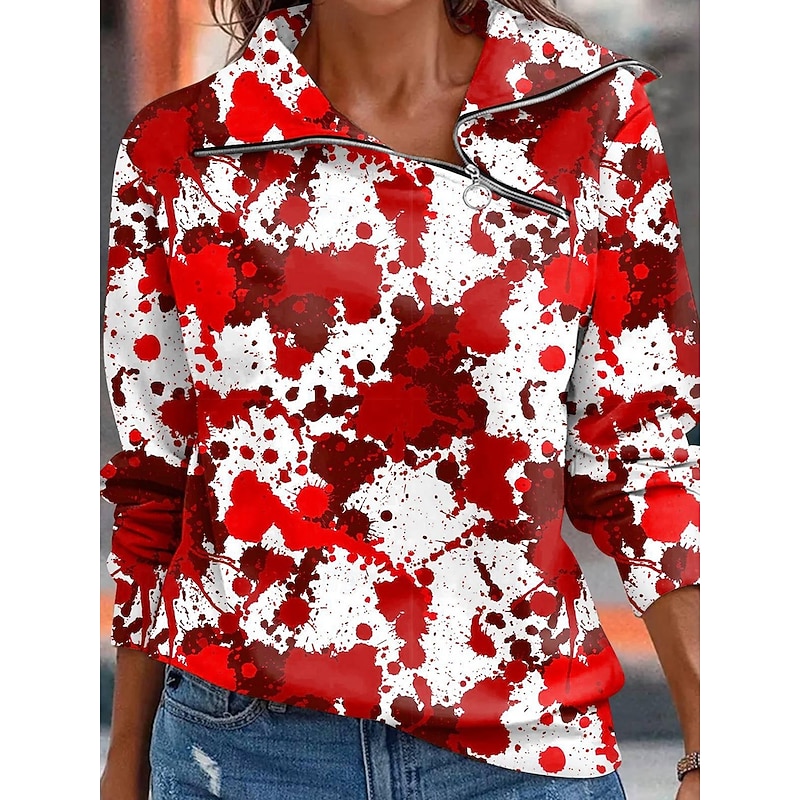 Halloween Women's Zip Up Sweatshirts Bloodstain Graphic Fashion Casual Long Sleeve High Neck Regular Tops Street Dailywear Zipper Print Maroon Black Wine Red Red White Spring Fall Winter4
