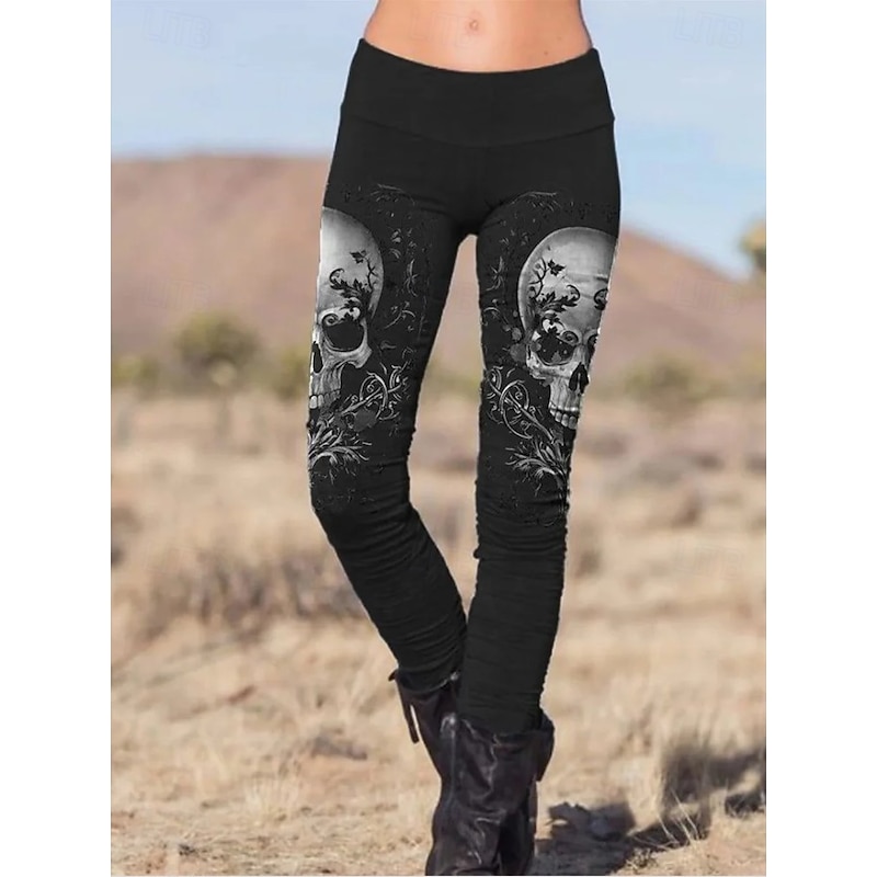 Halloween Women's Leggings Vacation Vintage Fashion Ankle-Length High WaistPants Bat Graphic Skull Printing Soft Breathable Stretchy Formal Outdoor Vacation Black White ash-colored Spring2