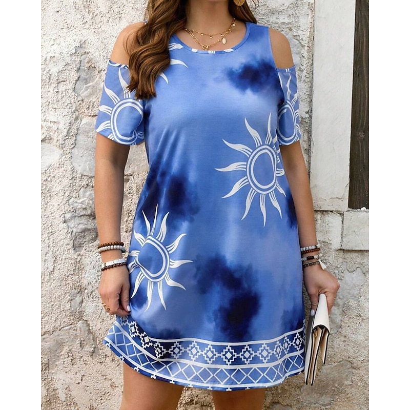 Women's Mini Dress Print Dress Fashion Classic Outdoor Vacation Going out Regular Fit Flower Short Sleeve Crew Neck Light Blue Summer2