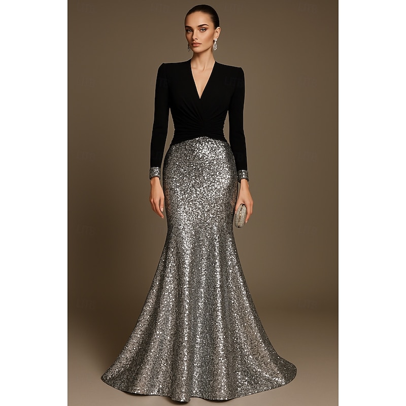 Black Mermaid / Trumpet Evening Gown Elegant Dress Formal Wedding Floor Length Half Sleeve V Neck Sequined with Glitter 20252