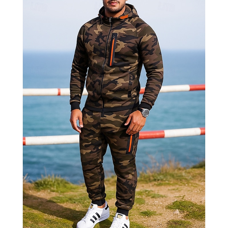 Men's Tracksuit Jogging Suit Sweatsuit Sets Zip Up Hooded Camouflage Clothing Suit Fall & Winter Dark Gray Light Grey Outdoor Travel Sports Long Sleeve Sport Activewear Micro-elastic Regular Fit3