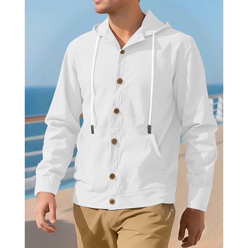 Men's Lightweight Jacket Casual Jacket Hoodie Jacket Vacation Daily Breathable Drawstring Pocket Spring Fall Plain Fashion Classic Hooded Regular Black White Yellow Navy Blue Khaki Jacket3