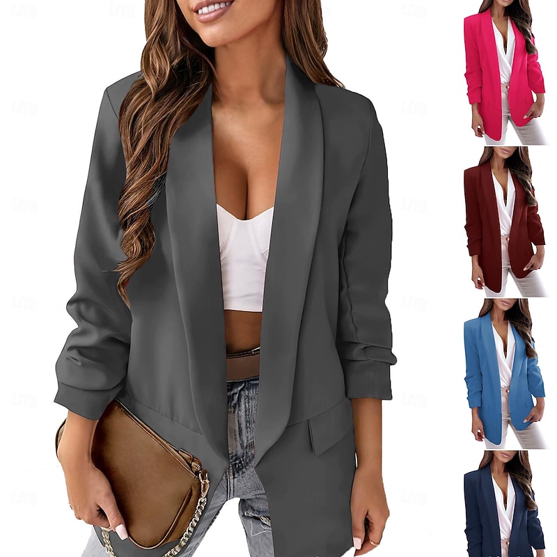 Women's Blazer Comfortable Breathable Pocket Casual Plain Office Street Casual Daily Wear Open Front Regular Turndown Regular Fit Long Sleeve Outerwear Wine Navy Blue Blue Summer Fall