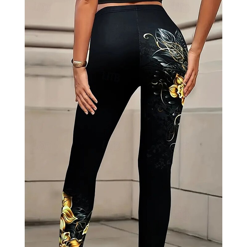 Women's Pants Trousers Leggings Cozy Leggings Streetwear Casual Full Length High Waist Floral Elastic Waist Print Breathability Comfortable Stretchy Vacation Street Daily Wear Black Summer Spring Fall4