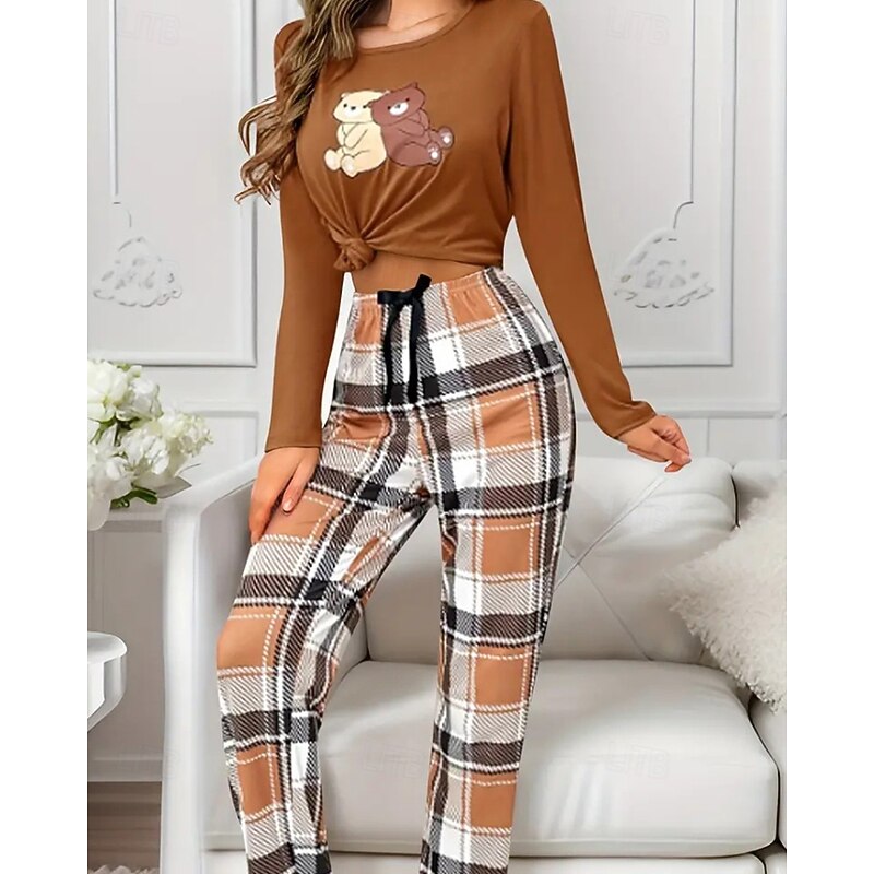 Women's Active Fashion Blouse Pants Sets Long Sleeve Crew Neck Plaid Print Outdoor Holiday Black Red Purple Fall Regular Fit2