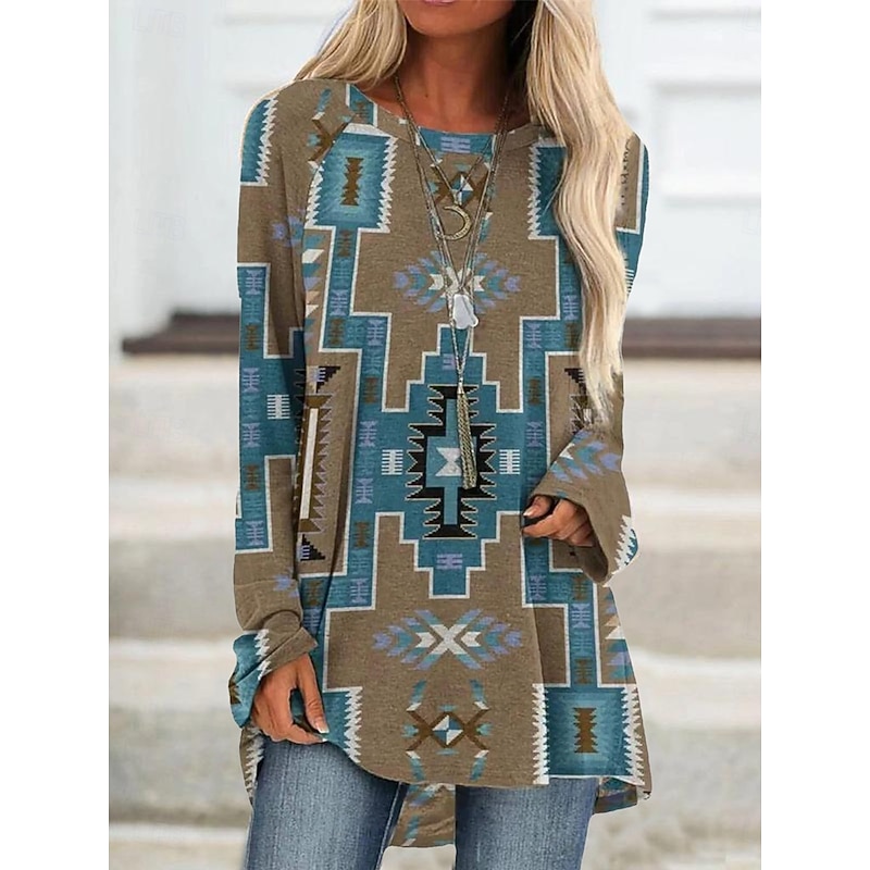 Women's T Shirt Graphic Tribal Vintage Stylish Casual Long Sleeve Crew Neck Long Tops Daily Print Blue Brown Green Khaki Spring Fall3